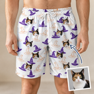 Man wearing Men's Cauldron Crowns Custom Cat Face Beach Shorts — custom faces printed all-over