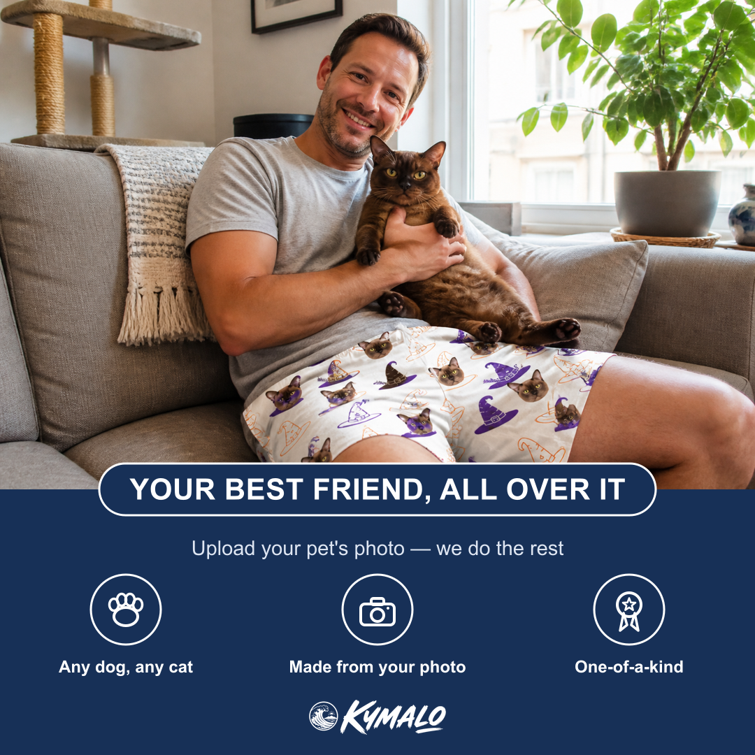 Friends in matching Men's Cauldron Crowns Custom Cat Face Beach Shorts — a group gift photo