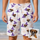 Man wearing Men's Cauldron Crowns Custom Dog Face Beach Shorts — custom faces printed all-over