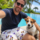Selfie with the pet whose face is printed all over this Men's Cauldron Crowns Custom Dog Face Beach Shorts