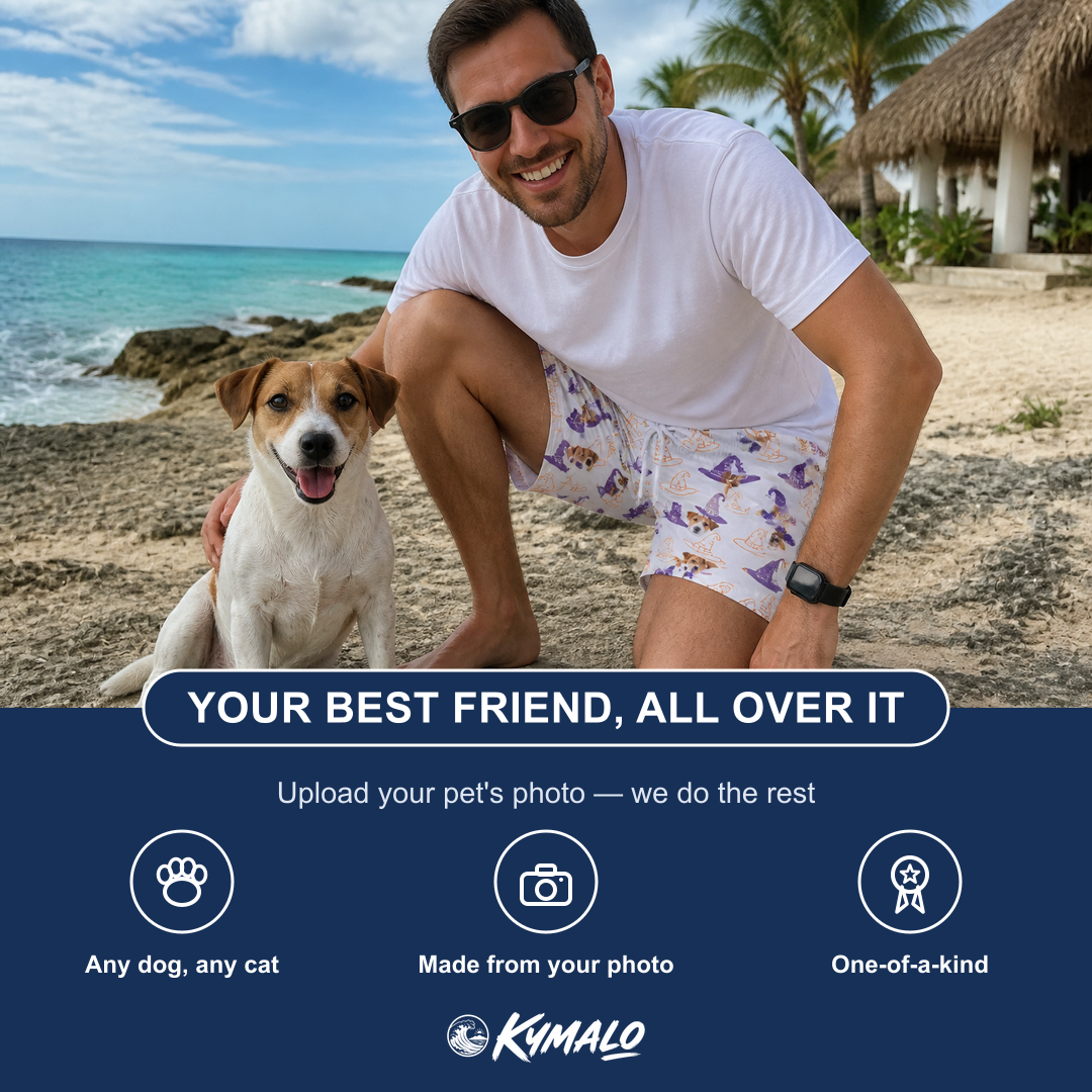 Friends in matching Men's Cauldron Crowns Custom Dog Face Beach Shorts — a group gift photo