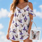 Woman wearing Women's Cauldron Crowns Custom Cat Face Off-Shoulder Dress — custom faces printed all-over