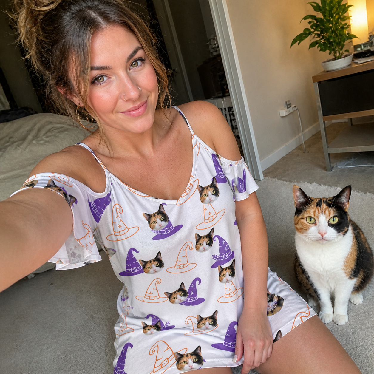 Selfie with the pet whose face is printed all over this Women's Cauldron Crowns Custom Cat Face Off-Shoulder Dress