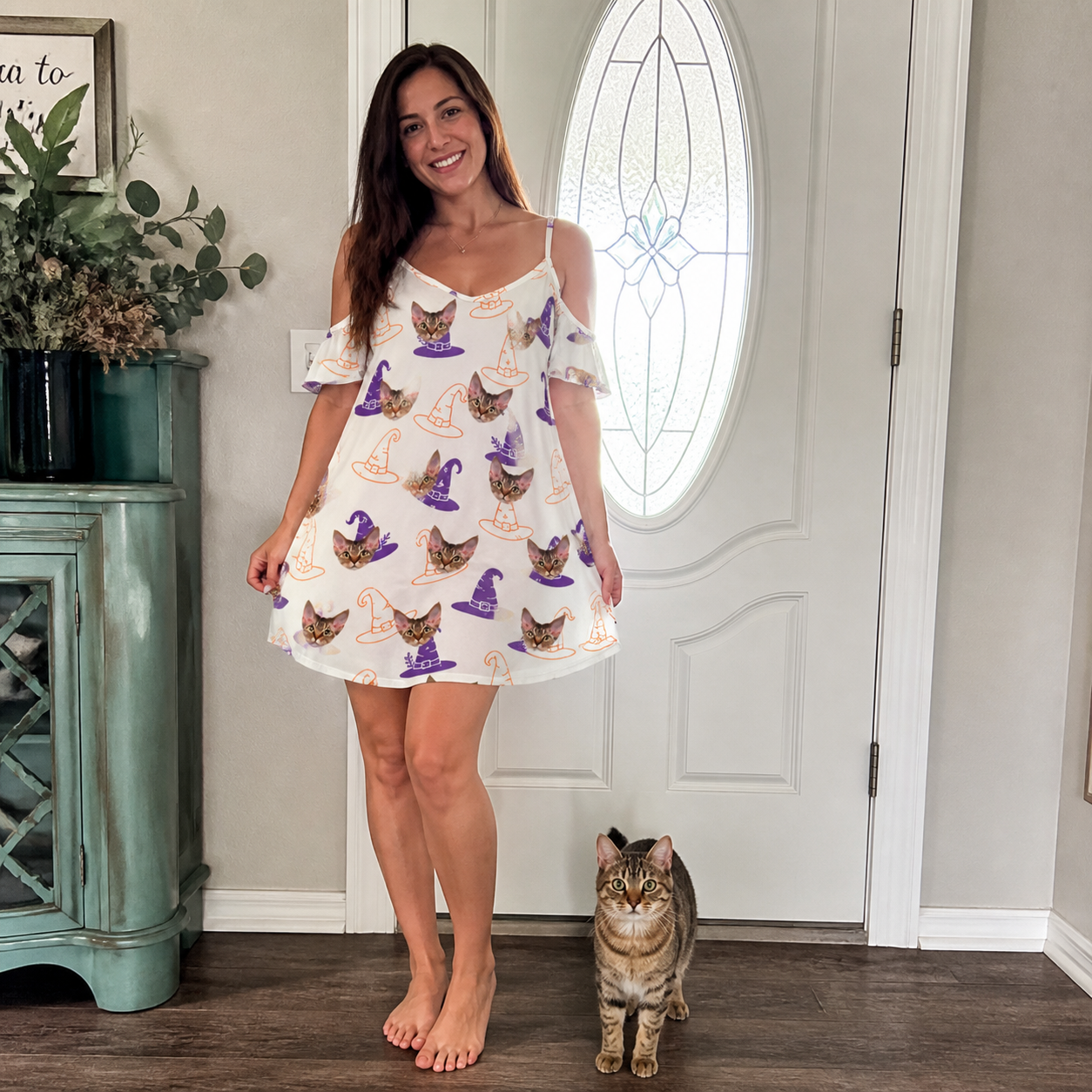 Full-length photo with the pet printed all over this Women's Cauldron Crowns Custom Cat Face Off-Shoulder Dress
