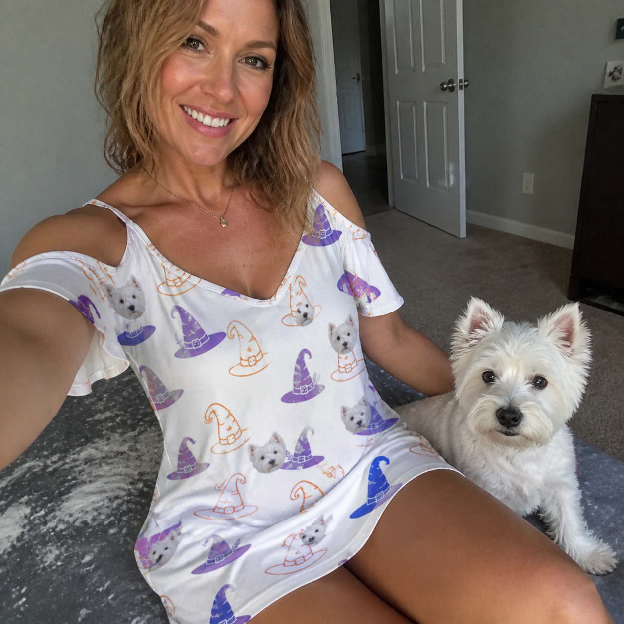 Selfie with the pet whose face is printed all over this Women's Cauldron Crowns Custom Dog Face Off-Shoulder Dress