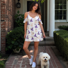 Full-length photo with the pet printed all over this Women's Cauldron Crowns Custom Dog Face Off-Shoulder Dress