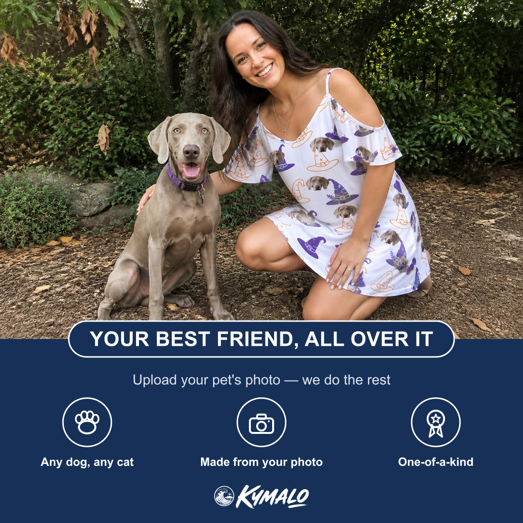 Friends in matching Women's Cauldron Crowns Custom Dog Face Off-Shoulder Dress — a group gift photo