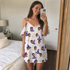 Real-life photo of someone wearing Women's Cauldron Crowns Custom Face Off-Shoulder Dress — custom faces printed all-over