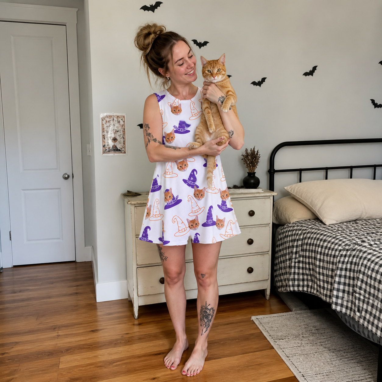 Full-length photo with the pet printed all over this Women's Cauldron Crowns Custom Cat Face Tank Dress