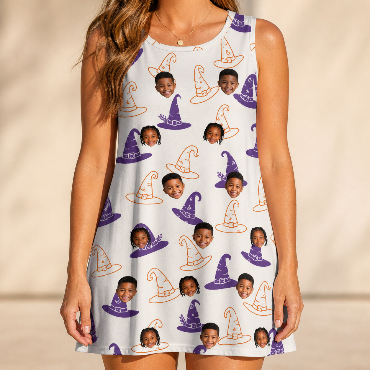 Model wearing Women's Cauldron Crowns Custom Face Tank Dress printed with kids' faces