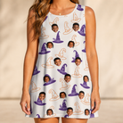 Model wearing Women's Cauldron Crowns Custom Face Tank Dress printed with kids' faces