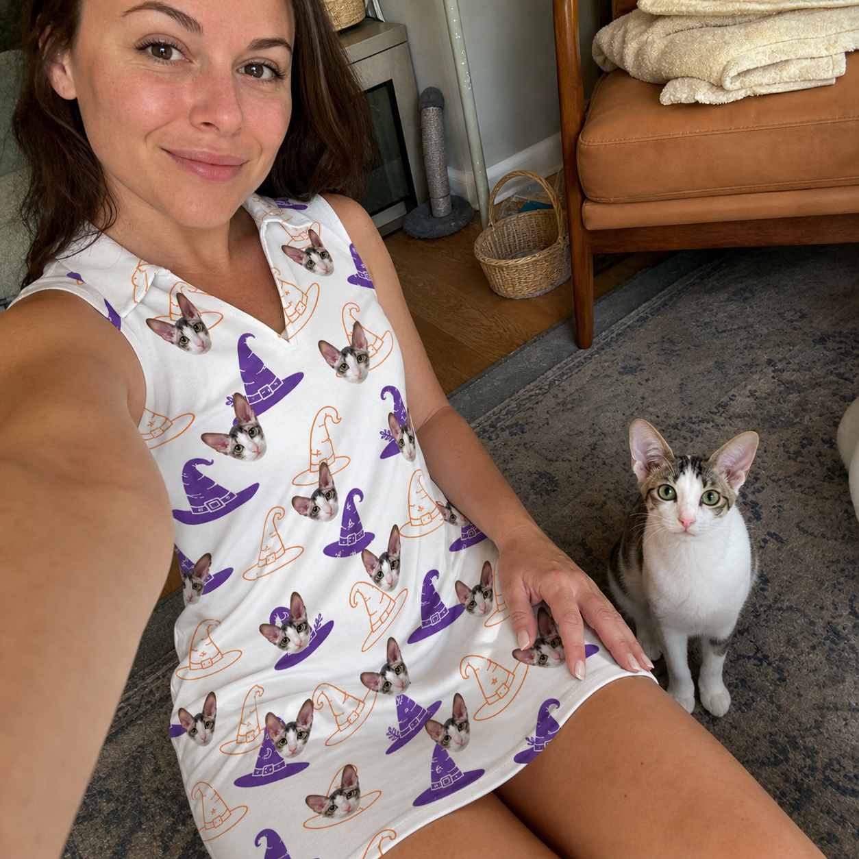 Selfie with the pet whose face is printed all over this Women's Cauldron Crowns Custom Cat Face V-Neck Dress