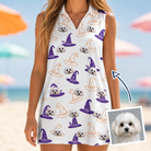 Woman wearing Women's Cauldron Crowns Custom Dog Face V-Neck Dress — custom faces printed all-over