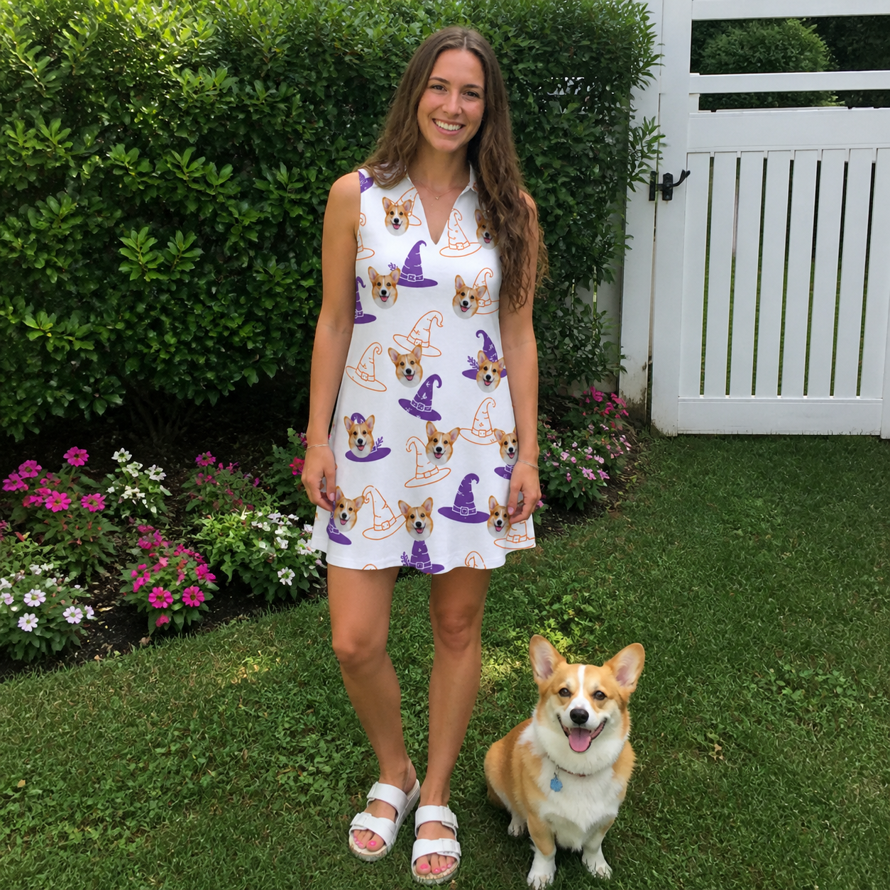 Full-length photo with the pet printed all over this Women's Cauldron Crowns Custom Dog Face V-Neck Dress