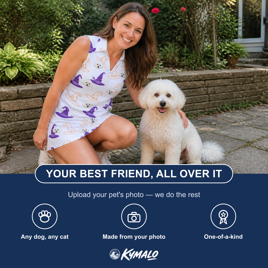 Friends in matching Women's Cauldron Crowns Custom Dog Face V-Neck Dress — a group gift photo