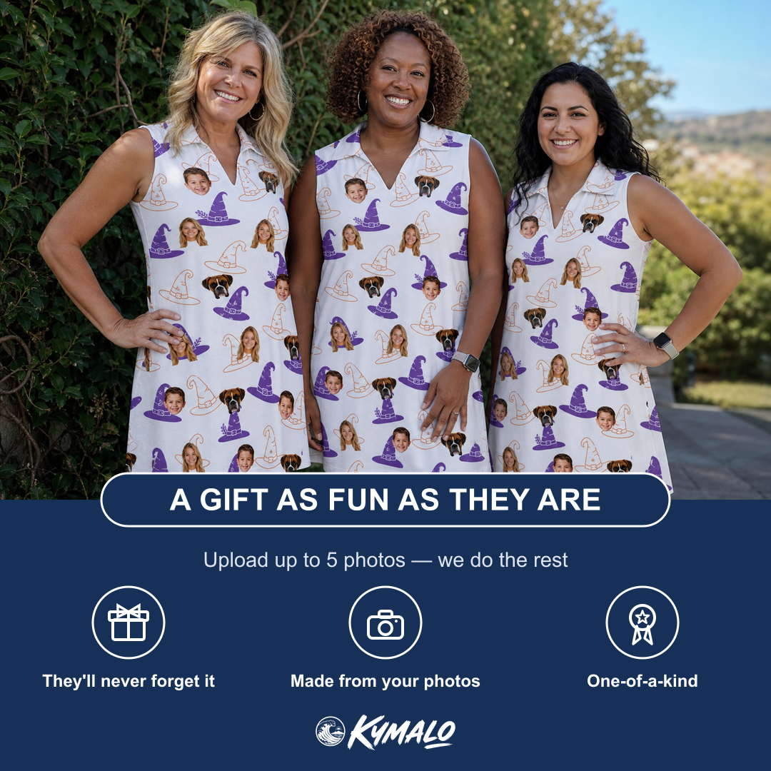 Friends in matching Women's Cauldron Crowns Custom Face V-Neck Dress — a group gift photo