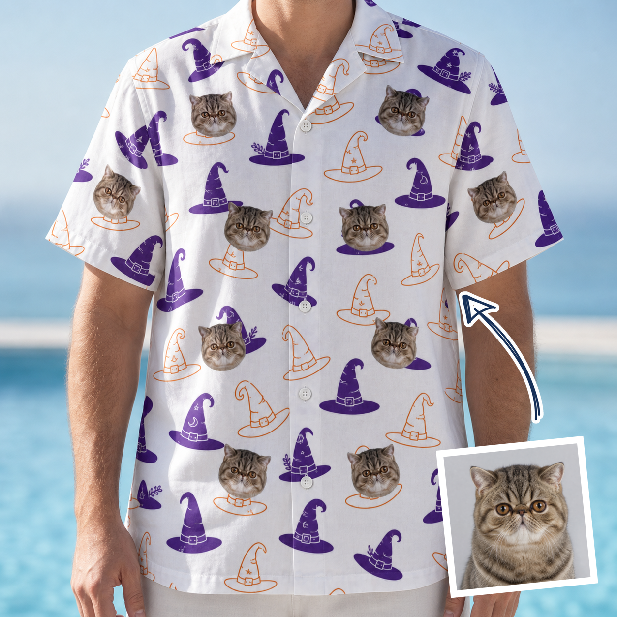 Man wearing Men's Cauldron Crowns Custom Cat Face Hawaiian Shirt — custom faces printed all-over