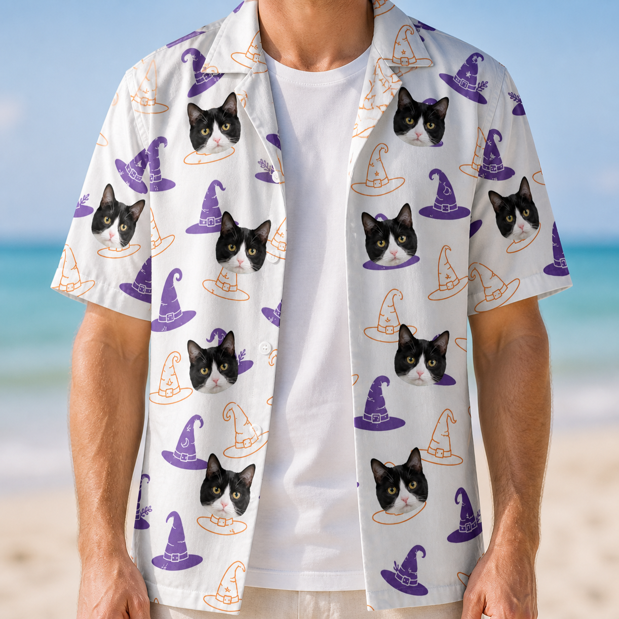 Man wearing Men's Cauldron Crowns Custom Cat Face Hawaiian Shirt open over a white tee