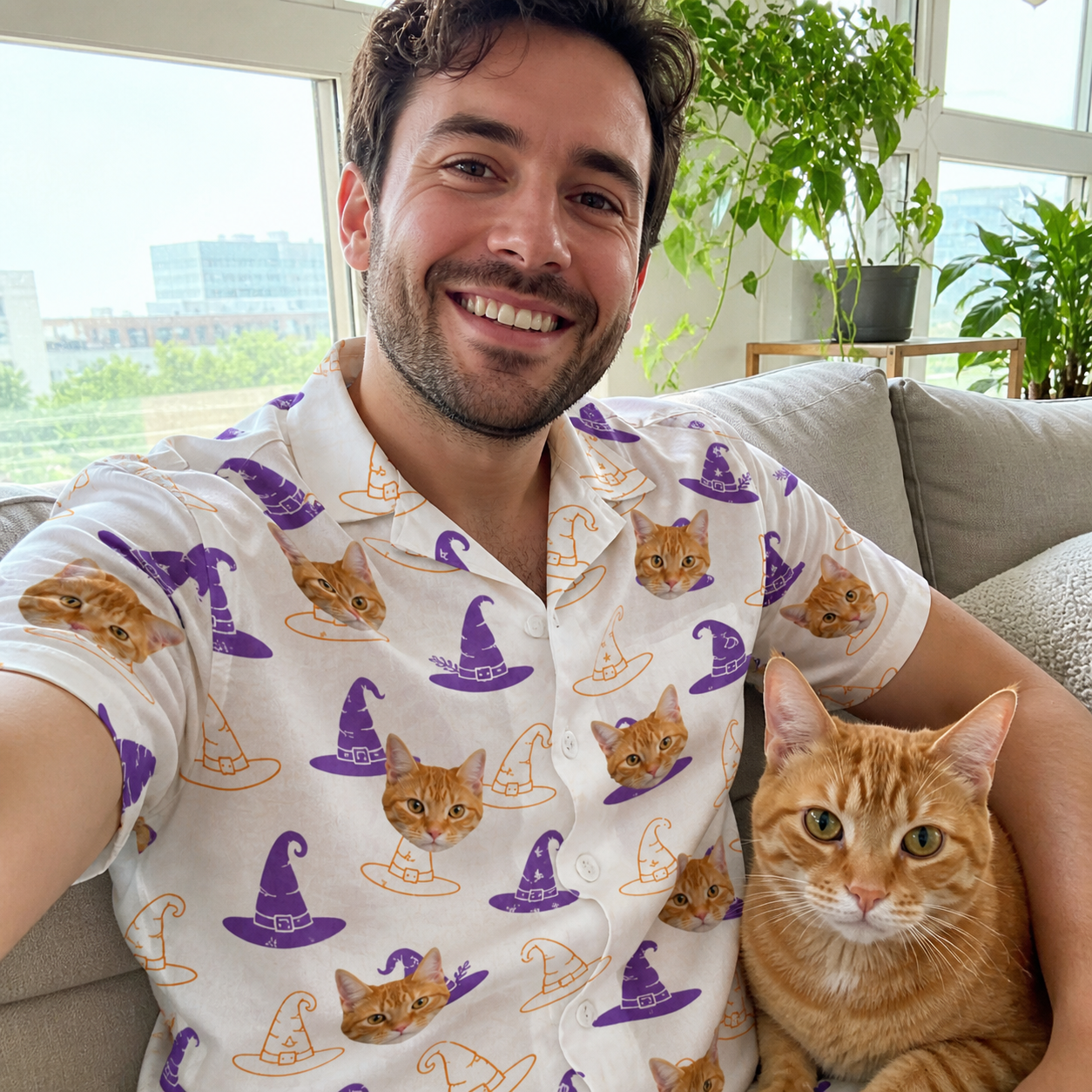 Selfie with the pet whose face is printed all over this Men's Cauldron Crowns Custom Cat Face Hawaiian Shirt