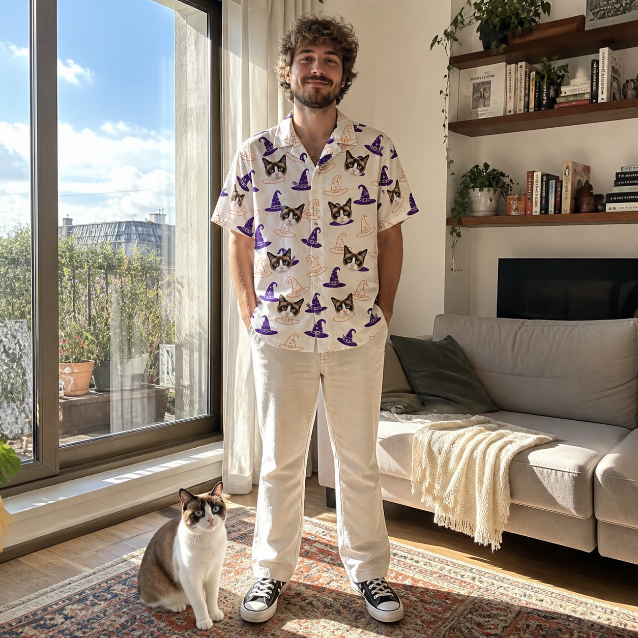 Full-length photo with the pet printed all over this Men's Cauldron Crowns Custom Cat Face Hawaiian Shirt