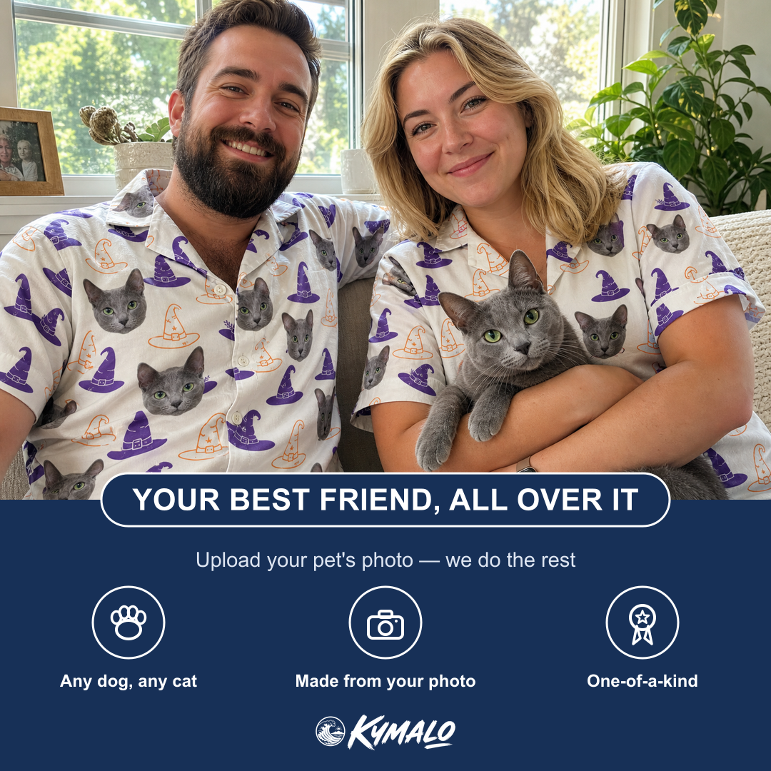 Friends in matching Men's Cauldron Crowns Custom Cat Face Hawaiian Shirt — a group gift photo