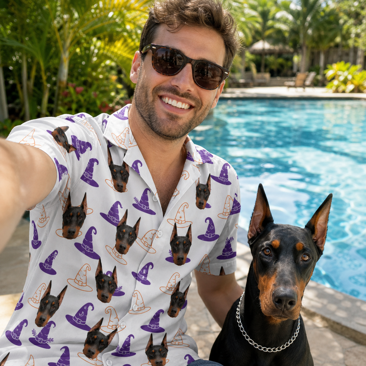 Selfie with the pet whose face is printed all over this Men's Cauldron Crowns Custom Dog Face Hawaiian Shirt