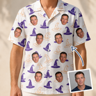 Man wearing Men's Cauldron Crowns Custom Face Hawaiian Shirt — custom faces printed all-over