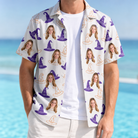 Man wearing Men's Cauldron Crowns Custom Face Hawaiian Shirt open over a white tee