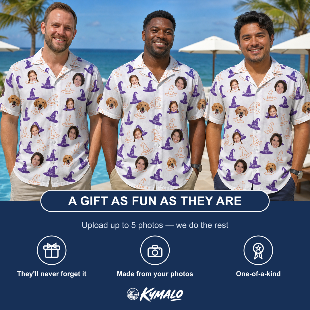 Friends in matching Men's Cauldron Crowns Custom Face Hawaiian Shirt — a group gift photo