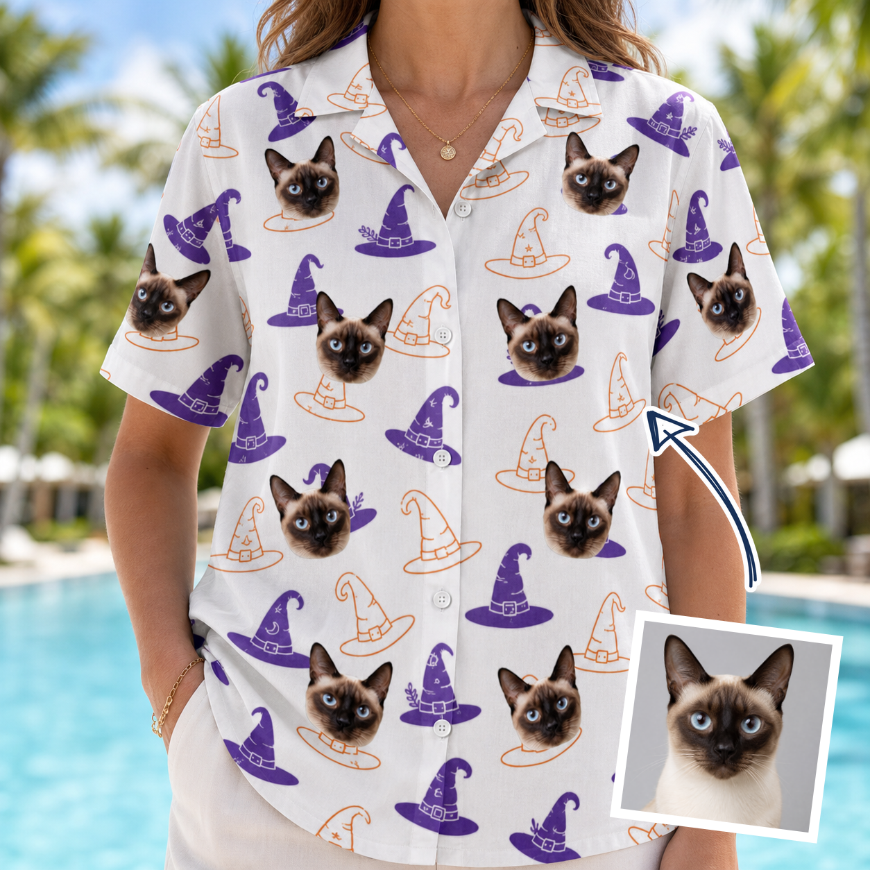 Woman wearing Women's Cauldron Crowns Custom Cat Face Hawaiian Shirt — custom faces printed all-over