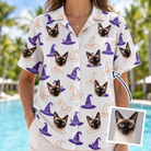 Woman wearing Women's Cauldron Crowns Custom Cat Face Hawaiian Shirt — custom faces printed all-over
