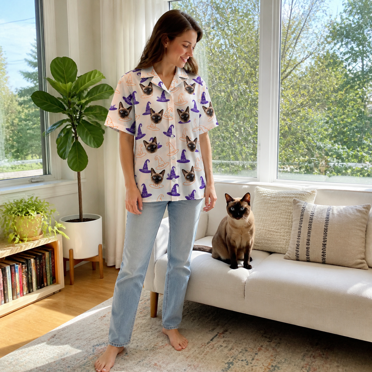 Full-length photo with the pet printed all over this Women's Cauldron Crowns Custom Cat Face Hawaiian Shirt