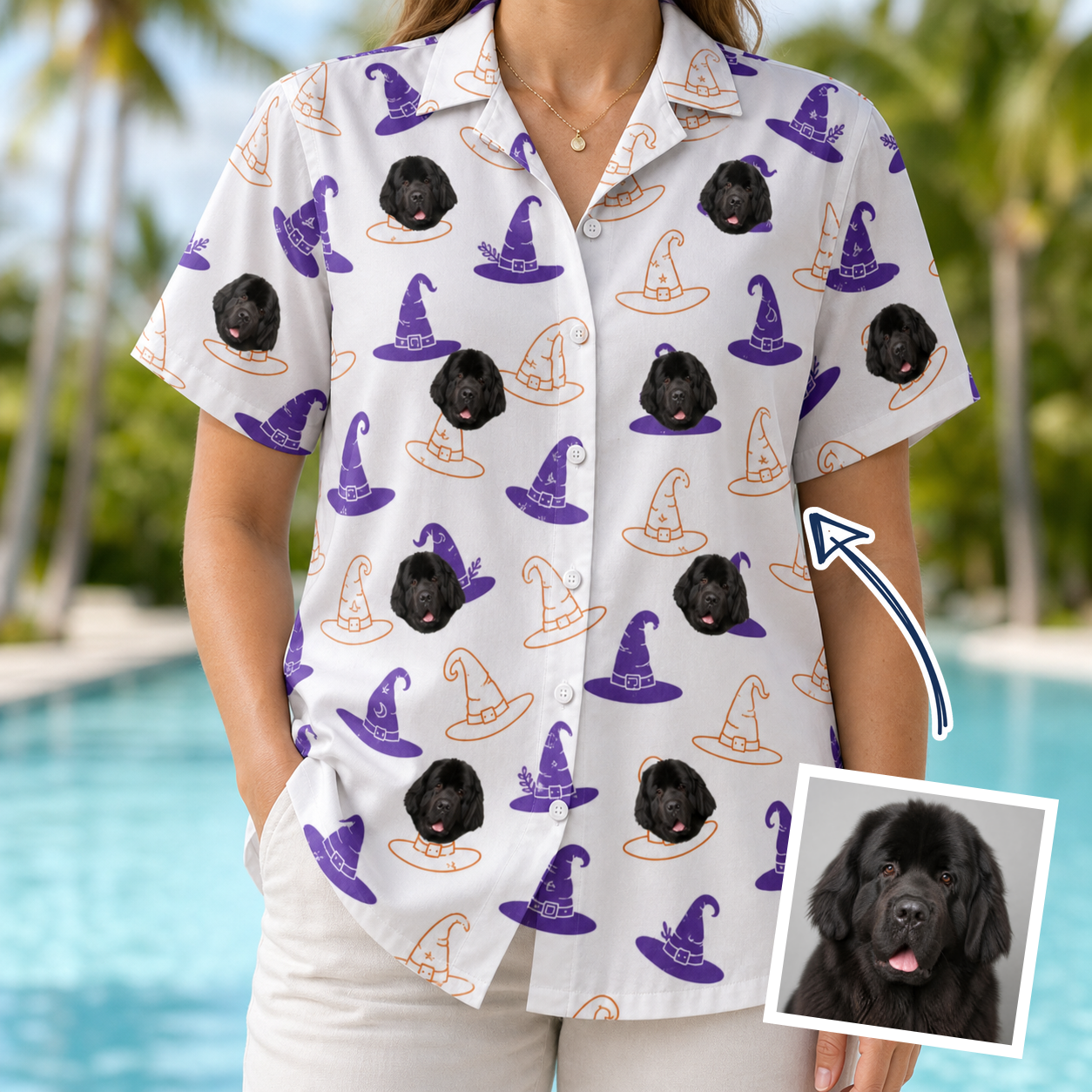 Woman wearing Women's Cauldron Crowns Custom Dog Face Hawaiian Shirt — custom faces printed all-over