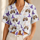 Woman wearing Women's Cauldron Crowns Custom Dog Face Hawaiian Shirt tied at the waist