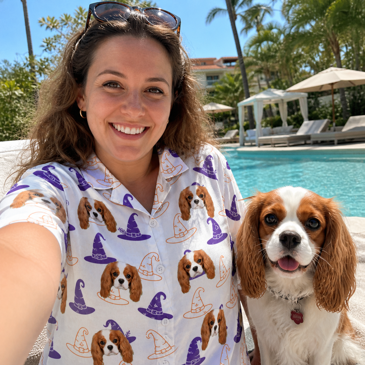 Selfie with the pet whose face is printed all over this Women's Cauldron Crowns Custom Dog Face Hawaiian Shirt