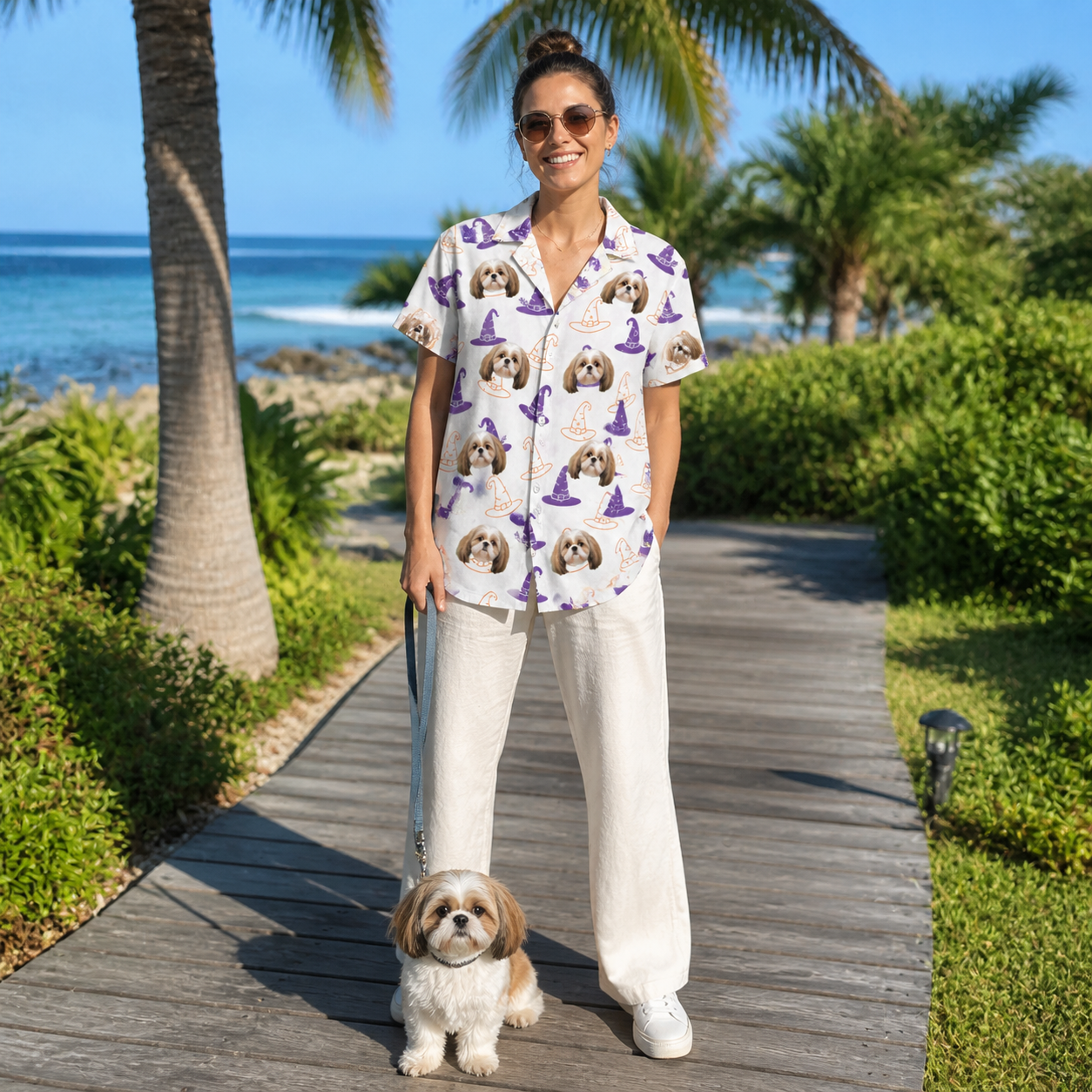 Full-length photo with the pet printed all over this Women's Cauldron Crowns Custom Dog Face Hawaiian Shirt