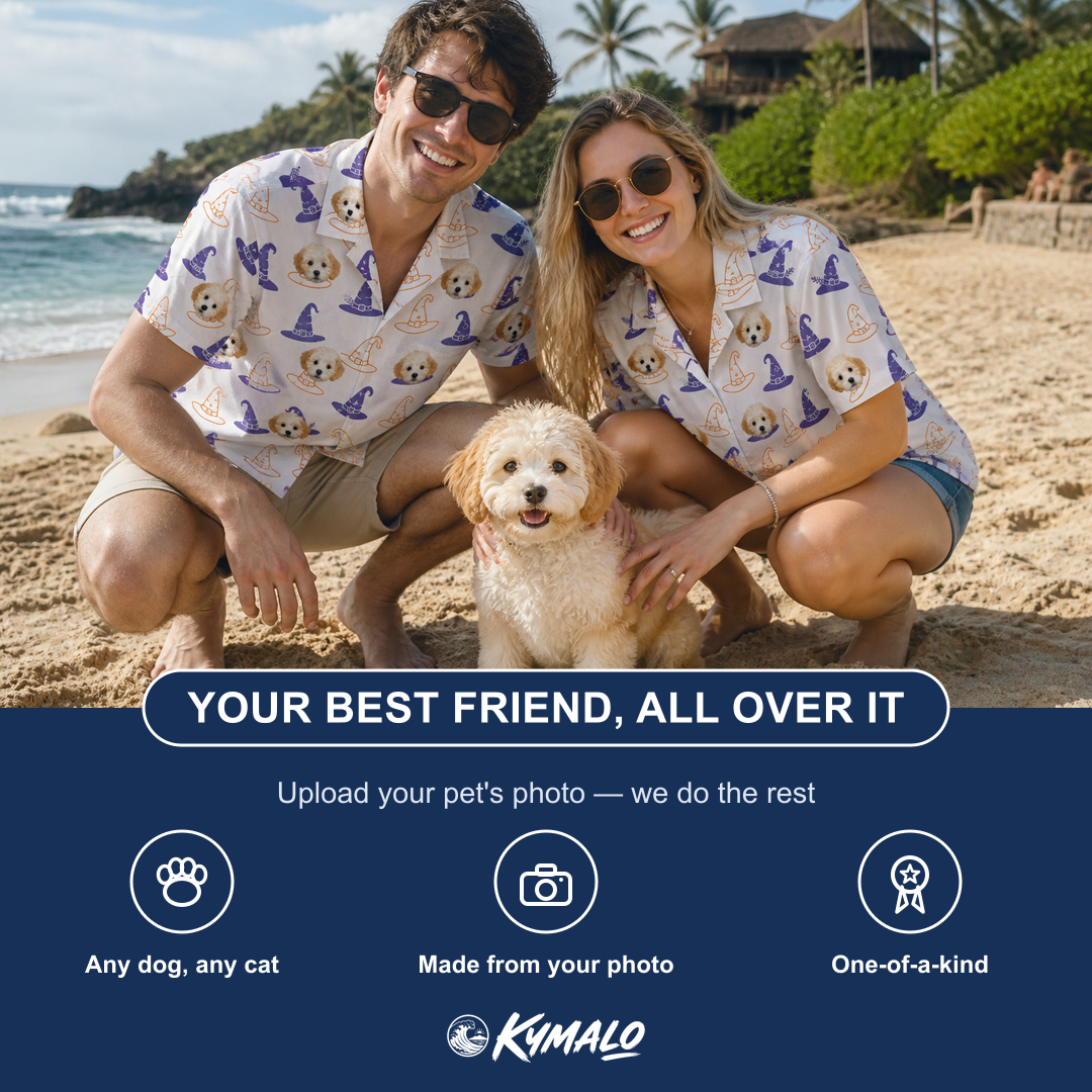 Friends in matching Women's Cauldron Crowns Custom Dog Face Hawaiian Shirt — a group gift photo