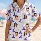 Model wearing Women's Cauldron Crowns Custom Face Hawaiian Shirt printed with kids' faces