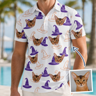 Man wearing Men's Cauldron Crowns Custom Cat Face Polo Shirt — custom faces printed all-over