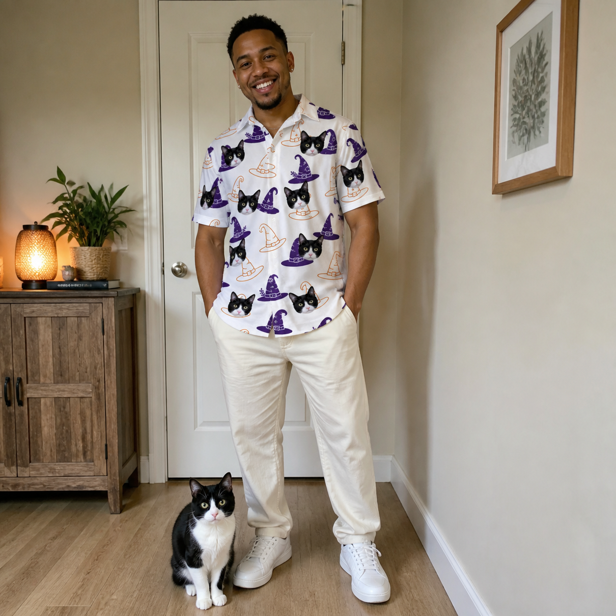 Full-length photo with the pet printed all over this Men's Cauldron Crowns Custom Cat Face Polo Shirt