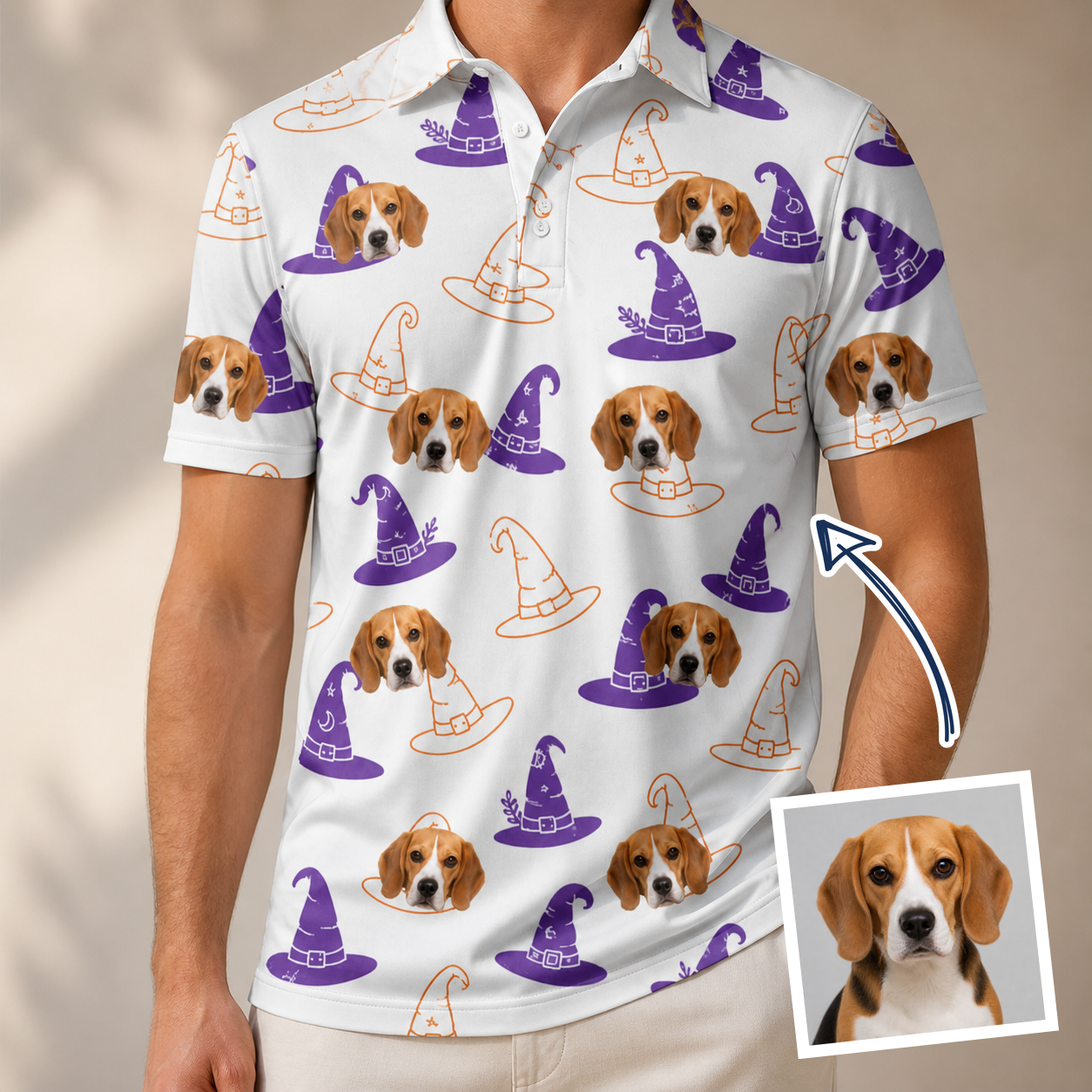 Man wearing Men's Cauldron Crowns Custom Dog Face Polo Shirt — custom faces printed all-over