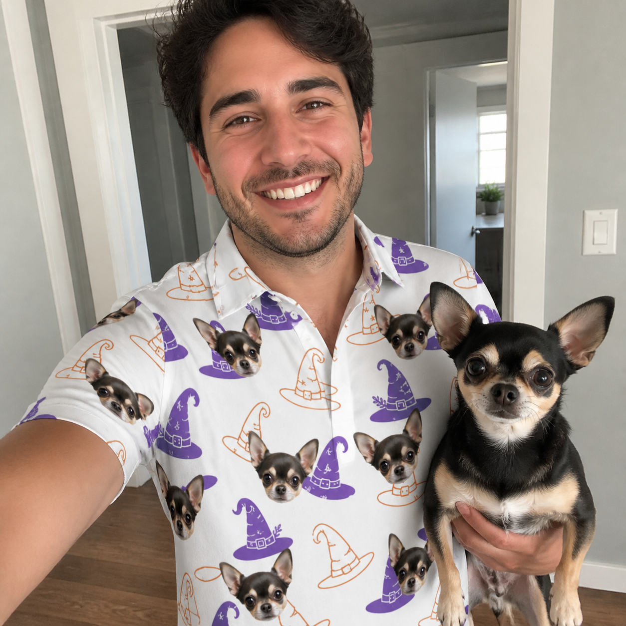 Selfie with the pet whose face is printed all over this Men's Cauldron Crowns Custom Dog Face Polo Shirt