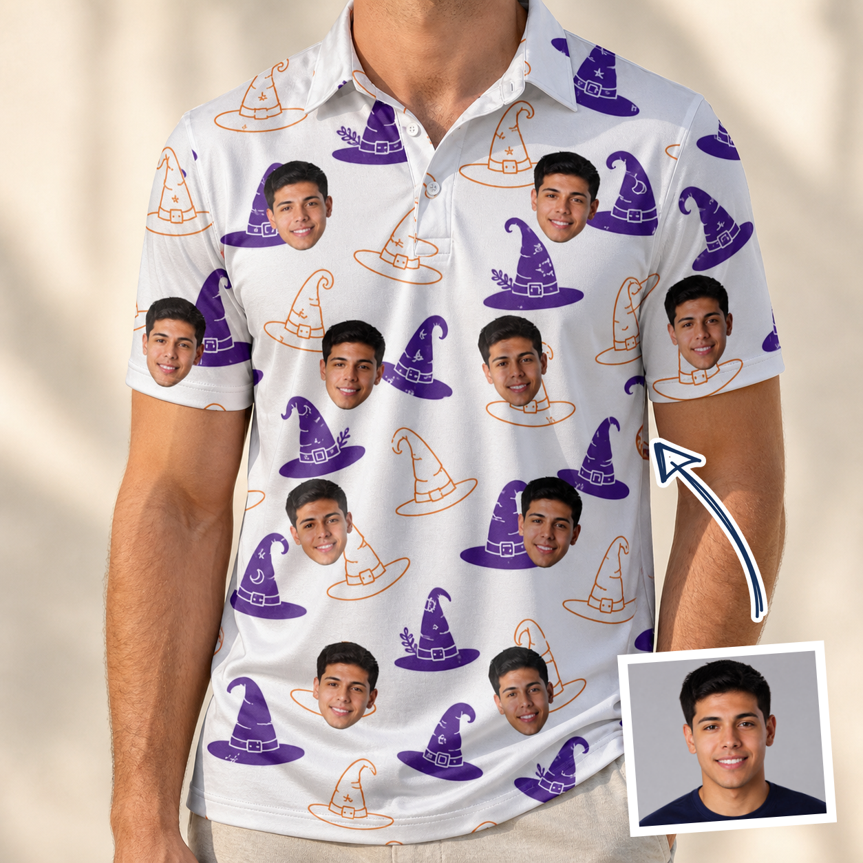 Man wearing Men's Cauldron Crowns Custom Face Polo Shirt — custom faces printed all-over