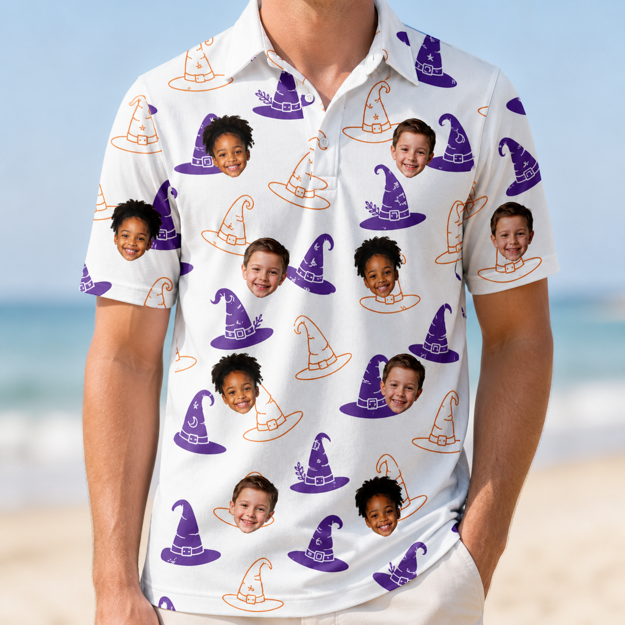 Model wearing Men's Cauldron Crowns Custom Face Polo Shirt printed with kids' faces