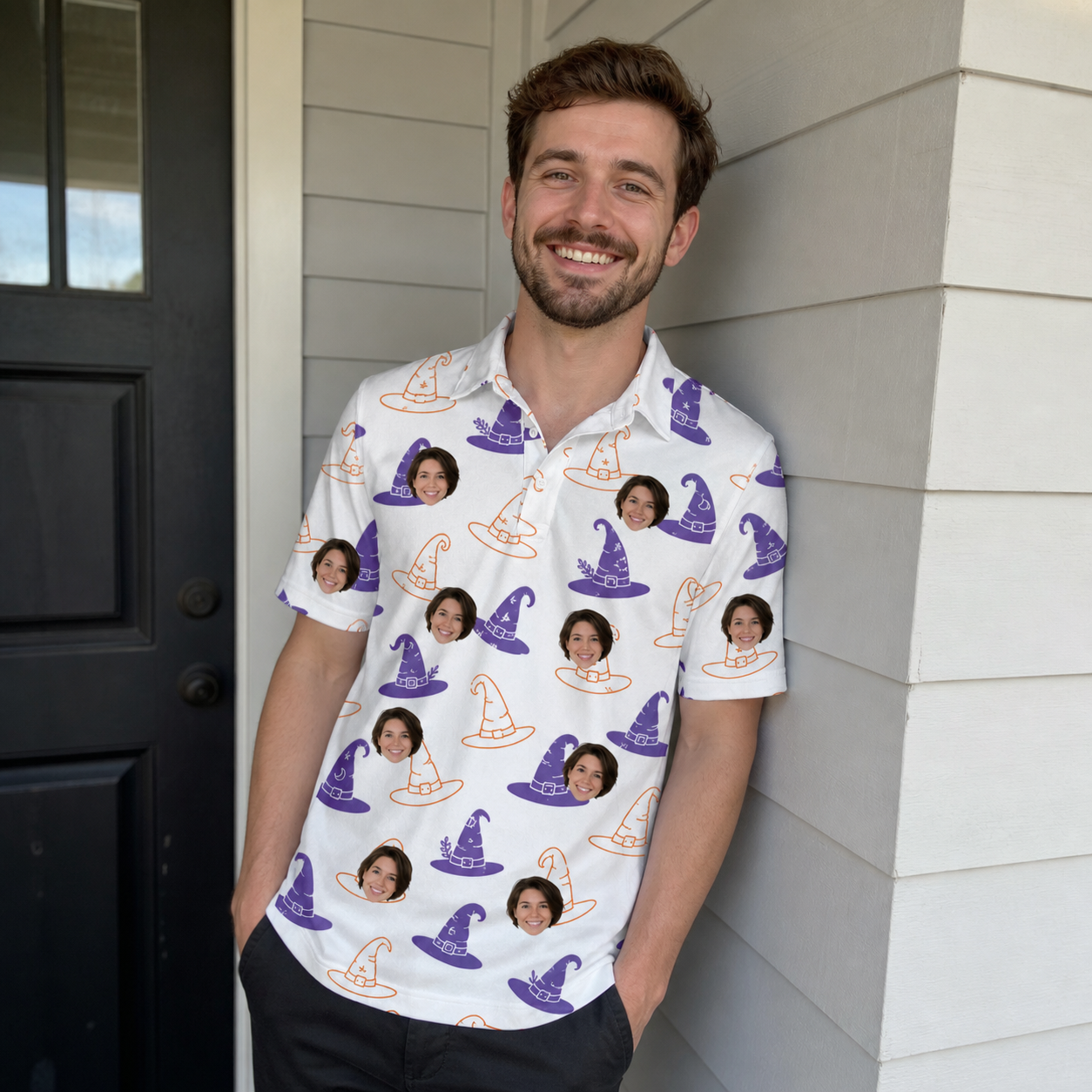 Real-life photo of someone wearing Men's Cauldron Crowns Custom Face Polo Shirt — custom faces printed all-over