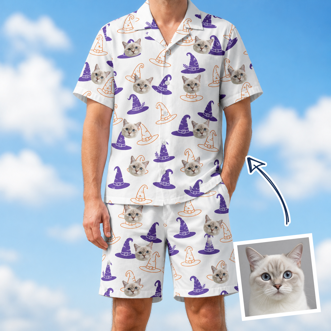 Man wearing Men's Cauldron Crowns Custom Cat Face Shirt & Shorts Set — custom faces printed all-over