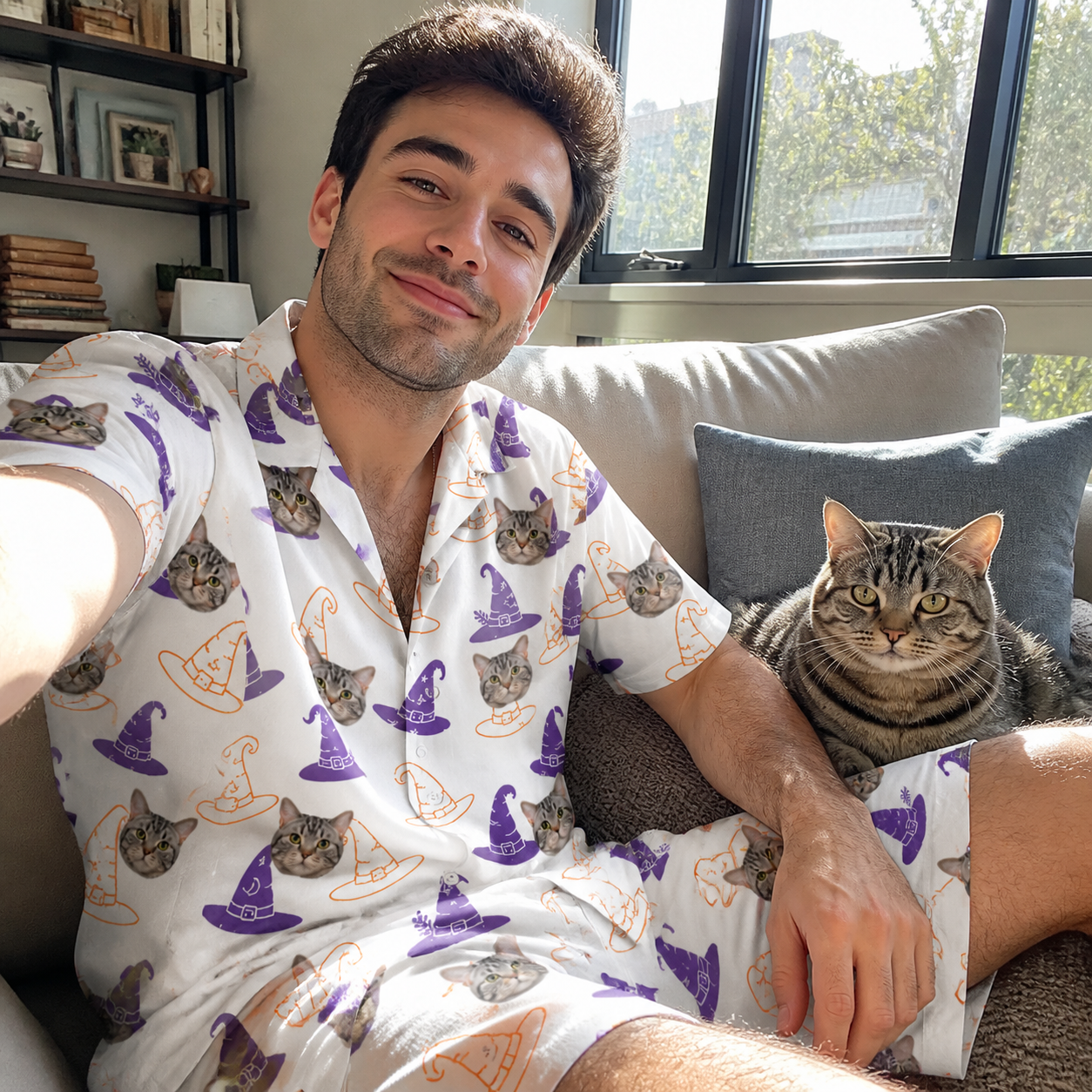 Selfie with the pet whose face is printed all over this Men's Cauldron Crowns Custom Cat Face Shirt & Shorts Set