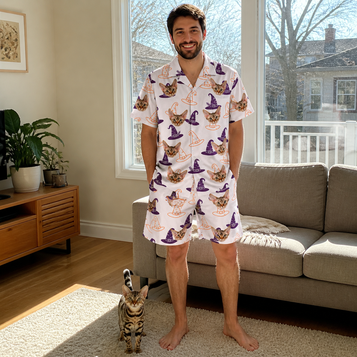Full-length photo with the pet printed all over this Men's Cauldron Crowns Custom Cat Face Shirt & Shorts Set