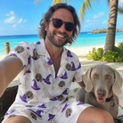 Selfie with the pet whose face is printed all over this Men's Cauldron Crowns Custom Dog Face Shirt & Shorts Set