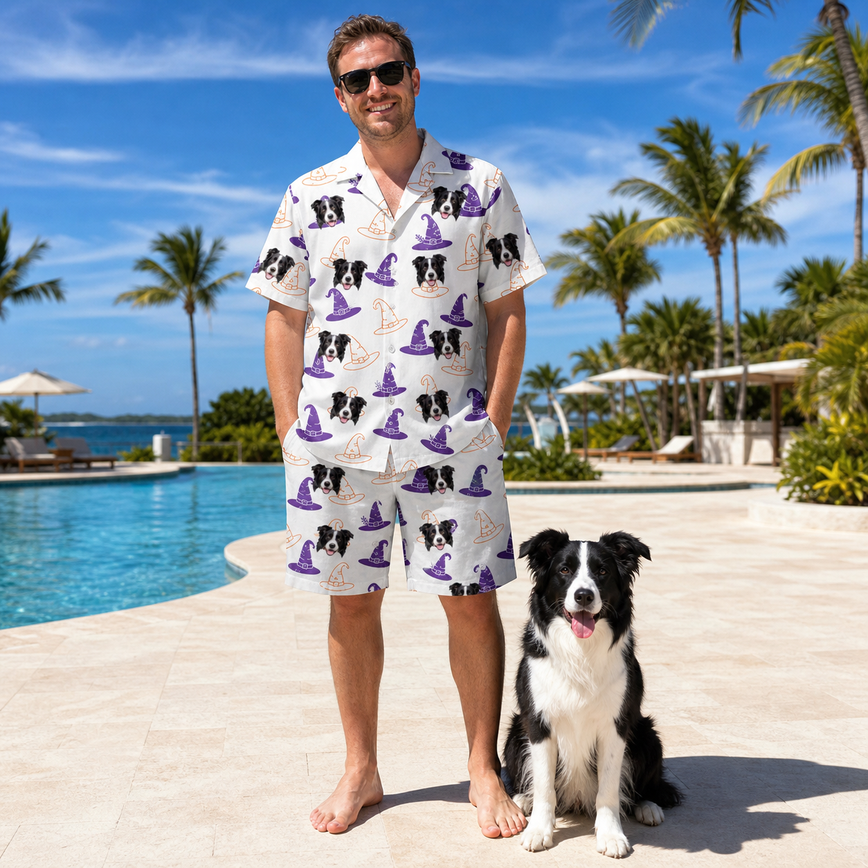 Full-length photo with the pet printed all over this Men's Cauldron Crowns Custom Dog Face Shirt & Shorts Set